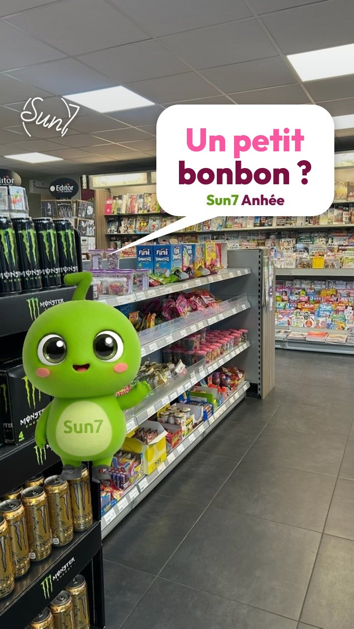 Septi dans le rayon bonbons du Sun7 Anhée, sur une vraie photo du magasin